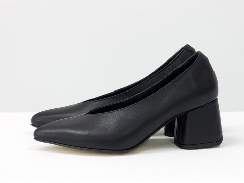 Дизайнерські туфлі-рукавички на невисокій обтяжній підборі з натуральної італійської шкіри чорного кольору на чорній підошві, Т-2050-12