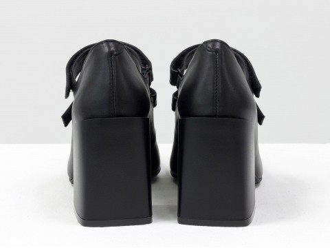 Дизайнерские туфли из натуральной черной кожи на устойчивом квадратном каблуке,  Т-2049-03
