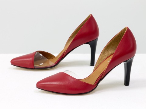 Туфлі човники з натуральної шкіри червоного кольору із вставками із силікону на високій шпильці, Т-1928-05