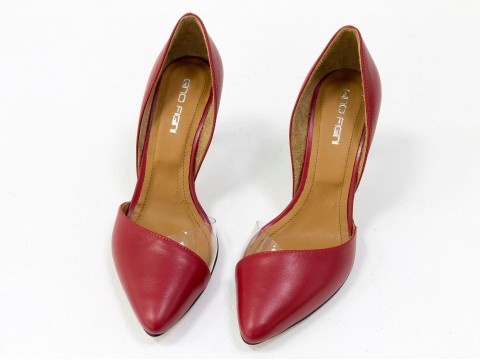 Туфлі човники з натуральної шкіри червоного кольору із вставками із силікону на високій шпильці, Т-1928-05