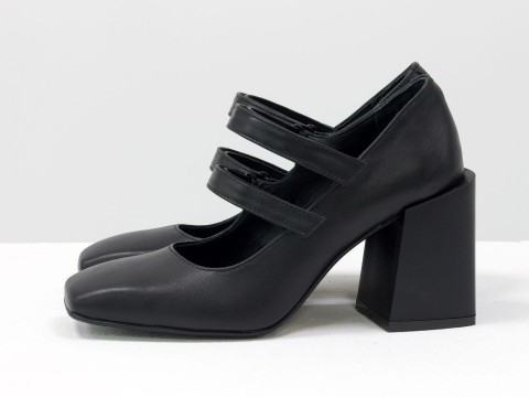 Дизайнерські туфлі з натуральної чорної шкіри на стійких квадратних підборах, Т-2049-03