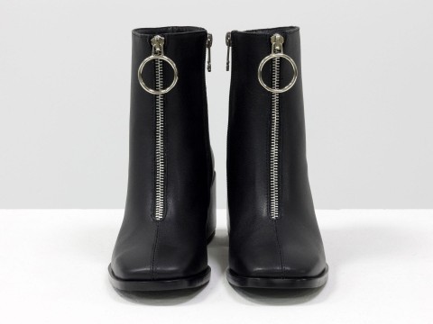 Женские  ботинки из натуральной черной кожи на квадратном каблуке с молнией впереди, Б-2077-01