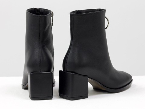 Женские  ботинки из натуральной черной кожи на квадратном каблуке с молнией впереди, Б-2077-01