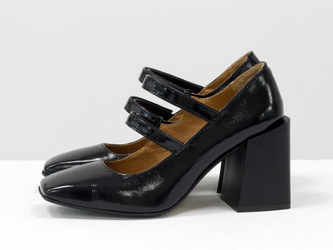 Дизайнерские туфли из натуральной черной лаковой кожи на устойчивом квадратном каблуке,  Т-2049-04