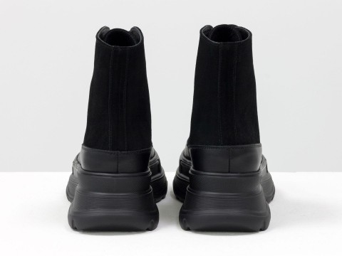 Жіночі спортивні черевики з натуральної шкіри чорного кольору зі вставками із замші на шнурівці, Б-2072-01