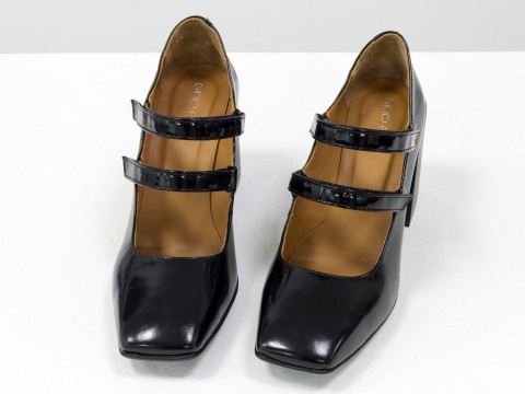 Дизайнерські туфлі з натуральної чорної лакової шкіри на стійкому каблуці, Т-2049-04
