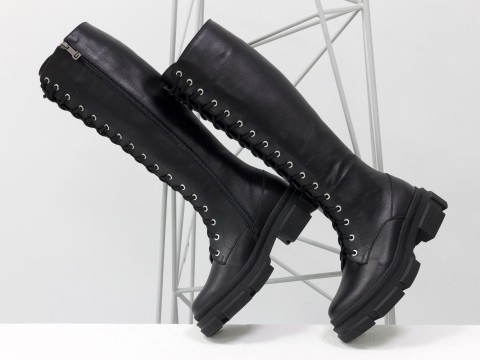 Жіночі спортивні чоботи з натуральної шкіри на шнурівці по всій довжині, Б-2090-01