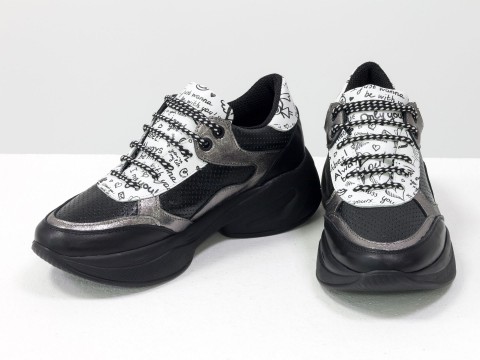 Кросівки з натуральної італійської шкіри чорного та нікелевого кольору та вставками "графіті" підошві в колір, Т-2017-06