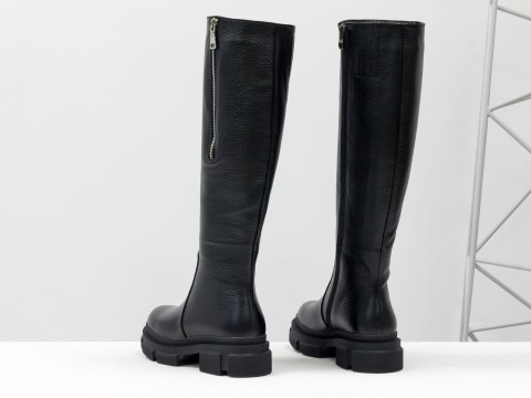 Високі чоботи ридинги чорного кольору з натуральної шкіри флотар на потовщеній підошві, М-2094-01