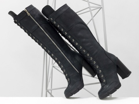 Жіночі чоботи з натуральної чорної матової шкіри на шнурівці по всій довжині, М-17342-03