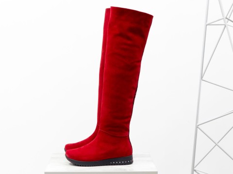 Високі замшеві чоботи-ботфорти червоного кольору, М-1818-03.