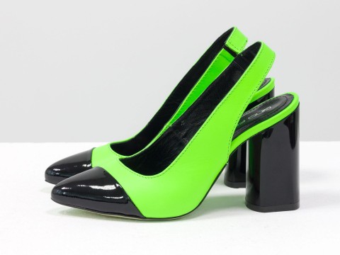 Дизайнерские туфли на высоком глянцевом каблуке из кожи черно-салатового цвета