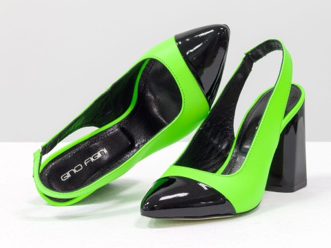 Дизайнерские туфли на высоком глянцевом каблуке из кожи черно-салатового цвета