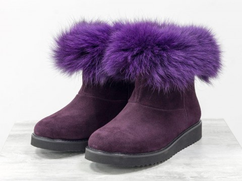 Жіночі зимові черевики із замші фіолетового кольору з узлісся з хутра песця