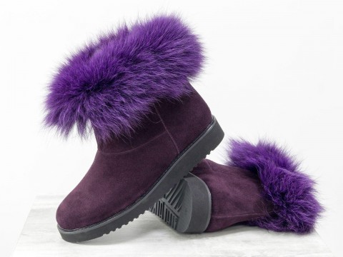 Жіночі зимові черевики із замші фіолетового кольору з узлісся з хутра песця