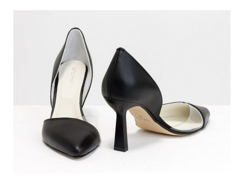Туфли лодочки на шпильке из натуральной кожи черного цвета и вставками из силикона, Т-1928-06
