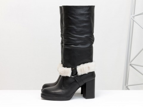 Зимние сапоги на каблуке из натуральной кожи черного цвета, М-1984-01
