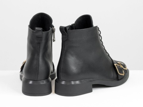 Женские ботинки черные из натуральной кожи с двумя пряжками  на носке, Б-2171-01