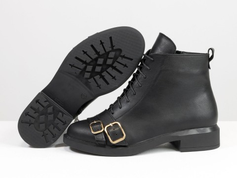Жіночі черевики чорні з натуральної шкіри з двома пряжками на шкарпетці, Б-2171-01