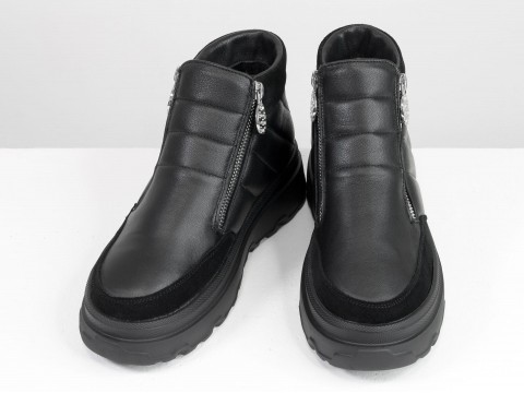 Жіночі черевики з натуральної шкіри чорного кольору із вставками із замші, Б-2164-01