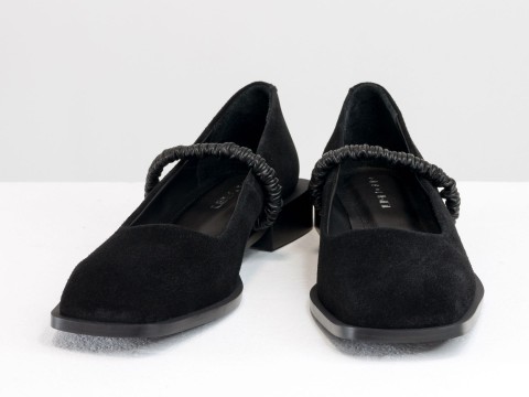 Летние  туфли из итальянской замши черного цвета на низком ходу с резинкой из кожи, Т-2112-02