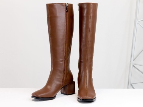 Осінні чоботи коричнево-рудого кольору з натуральної шкіри на стійкому підборі, М-2070-02