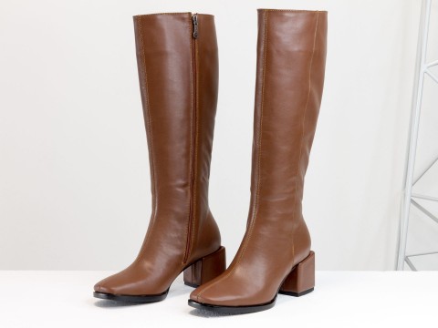 Осінні чоботи коричнево-рудого кольору з натуральної шкіри на стійкому підборі, М-2070-02