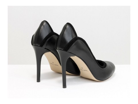 Класичні жіночі туфлі чорного кольору з натуральної шкіри та замші на шпильці