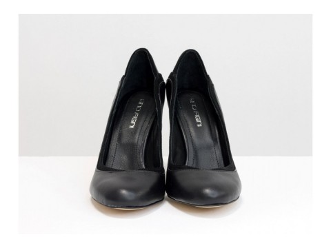 Класичні жіночі туфлі чорного кольору з натуральної шкіри та замші на шпильці