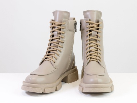 Женские бежевые ботинки  из натуральной кожи на шнуровке, Б-20105-06