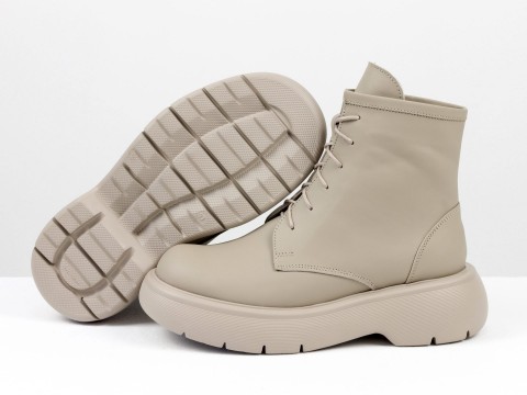 Класичні черевики з натуральної бежевої шкіри на полегшеній підошві зі шнурівкою, Б-2208-01