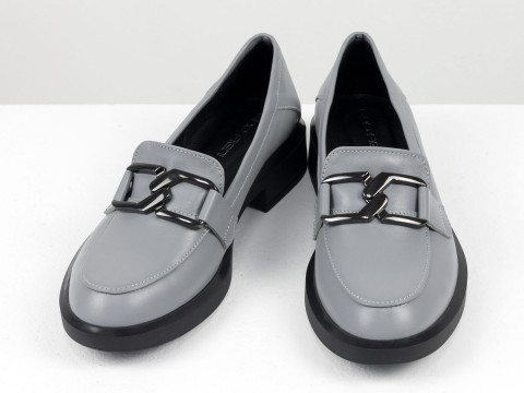 Туфли-лоферы из итальянской кожи серого цвета с цепочкой, Т-2210-01