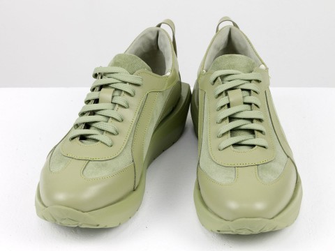 Женские кроссовки монохромные из натуральной  замши и кожи  цвета авокадо ,Т-2209-01