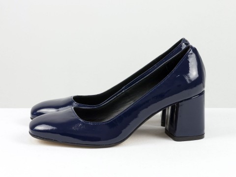 Синие туфли на устойчивом каблуке из натуральной лаковой кожи , Т-1927-12