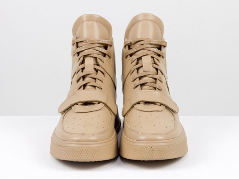 Женские  ботинки  из натуральной кожи цвета капучино на шнуровке с липучкой, Б-2201-02