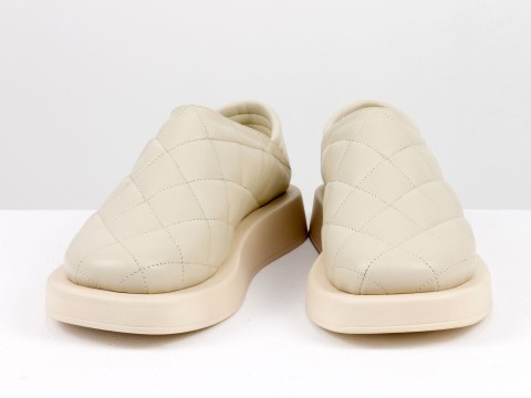 Женские бежевые туфли из натуральной стеганой кожи на утолщенной бежевой подошве, Т-2157-02