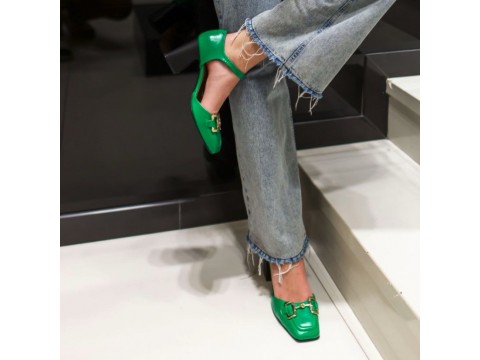 Дизайнерские босоножки на необтяжном каблуке из натуральной итальянской кожи зеленого цвета с золотой фурнитурой, С-2211-01