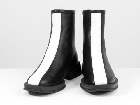 Жіночі черевики з натуральної чорної шкіри в поєднанні білої з квадратним носом, Б-2176-08