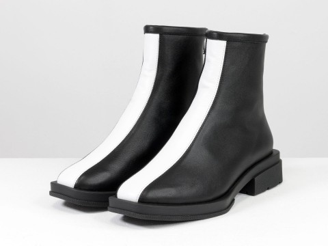 Жіночі черевики з натуральної чорної шкіри в поєднанні білої з квадратним носом, Б-2176-08
