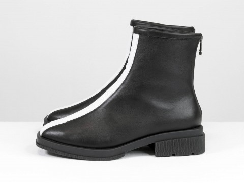 Эксклюзивные женские  ботинки черного цвета в сочетании белого из натуральной кожи на низком каблуке, Б-2176-08