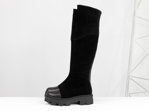 Жіночі замшеві чоботи-ботфорти з натуральної замші чорного кольору зі шкіряним носочком, М-111-35