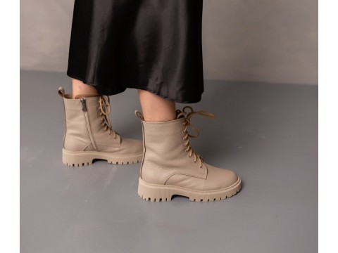 Классические ботинки из натуральной бежевой кожи на утолщенной подошве со шнуровкой и молнией, Б-2196-05