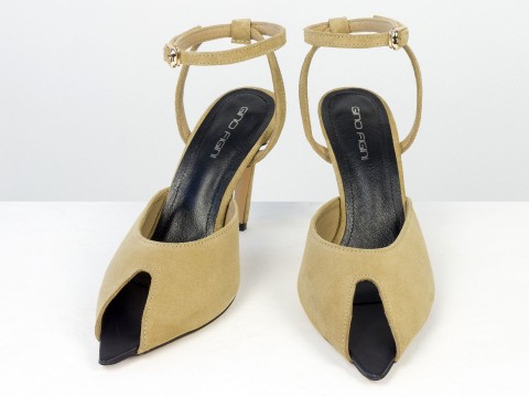 Элегантные босоножки из натуральной замши песочного оттенка с застежкой на лодыжке Gino Figini, фото 5