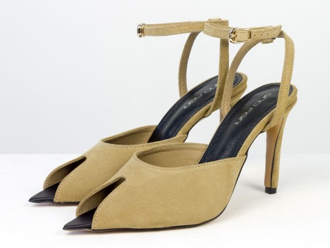 Элегантные босоножки из натуральной замши песочного оттенка с застежкой на лодыжке Gino Figini, фото 2