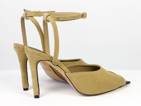 Элегантные босоножки из натуральной замши песочного оттенка с застежкой на лодыжке Gino Figini, фото 8