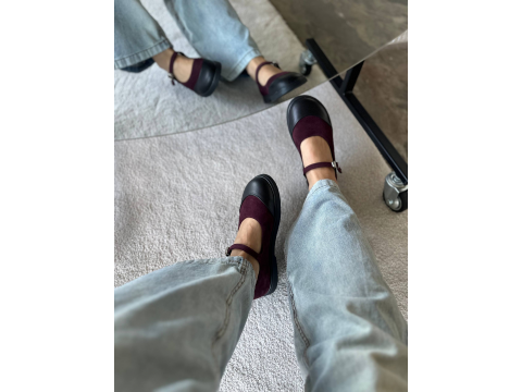 Туфлі Mary Jane бордо з чорним носком на анатомічній колодці