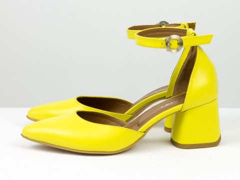 Эксклюзивные желтые туфли из натуральной кожи на расклешенном каблуке, С-2013-16
