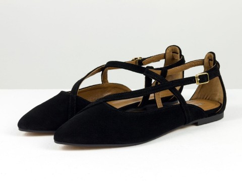 Жіночі чорні туфлі на низькому ходу з натуральної замші з ремінцями та застібкою, С-2223-05