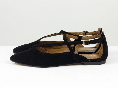Женские черные туфли на низком ходу из натуральной замши с ремешками и застежкой, С-2223-05