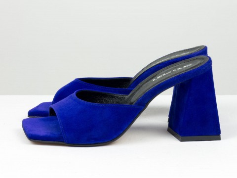 Дизайнерские шлепанцы темно-синего цвета на обтяжном каблуке из натуральной итальянской замши , С-2217-13
